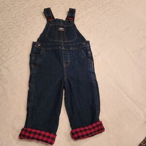 OshKosh B'gosh 3T Carpenter Overalls Dark Wash Denim Flannel Lined Buffalo Plaid